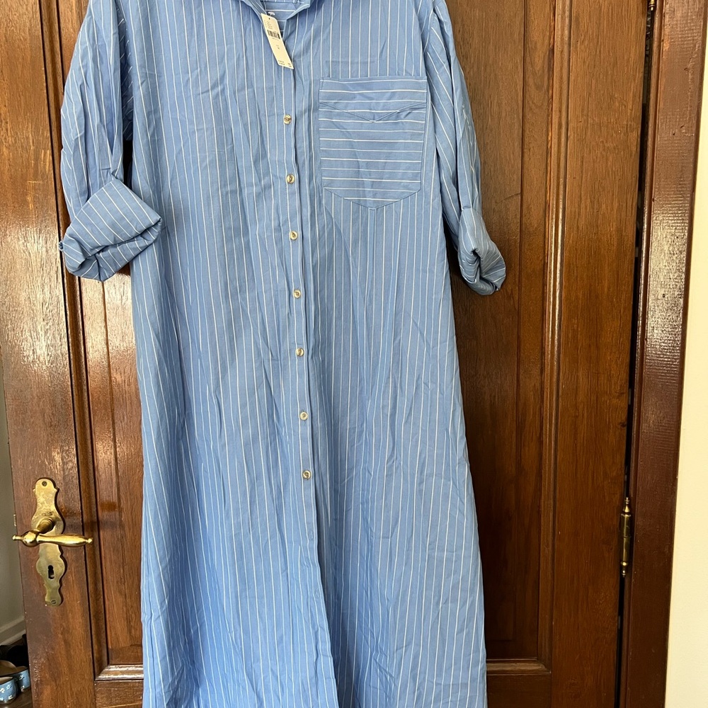 MAEVE The Soren Long sleeve Blue and White Striped Maxi Shirt Dress